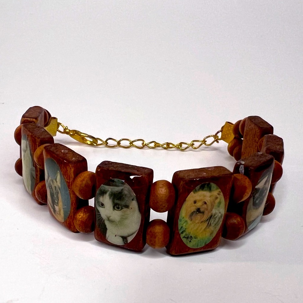 Vintage 70s 80s Wood Bead Saints Bracelet Cats and Dogs